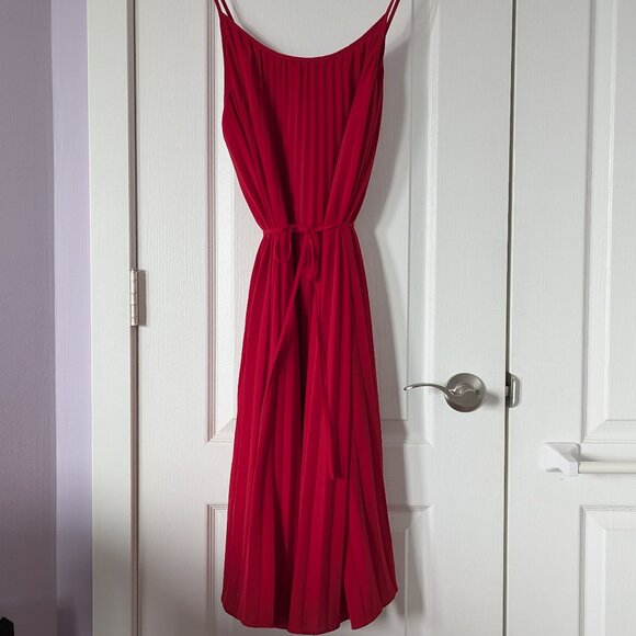 H&M Red Midi Pleated Belted Spaghetti Strap Dress, Size M - Picture 2 of 11